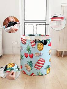 1pc Pineapple Heart Pattern Printed Large Capacity Foldable Round Storage Basket, With Handle, Multi-Purpose Storage Basket For Bathroom, Room, Laundry, Toys, Baby Items, Collapsible Dirty Clothes Hamper Laundry Basket,Basket
