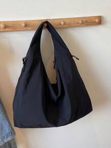 Bolsa de mão em tecido de nylon preto, nova coleção primavera/verão 2025, bolsa de ombro de grande capacidade em cor sólida, bolsa casual de tecido despojado, bolsa tote versátil estilo universitário, simples e moderna, bolsa de viagem com vários bolsos com zíper