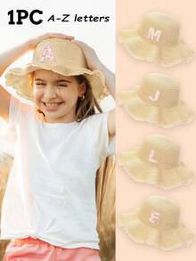 1pc Kids Ditsy Floral & 26 Letter Personalized Straw Sun Hat, 1pc Lace Trim Straw Hat For Girls To Wear Outdoors, Picnics, Beach, Vacation - Beige - View 1