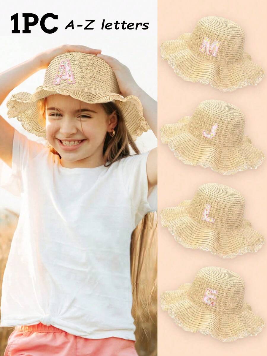 1pc Kids Ditsy Floral & 26 Letter Personalized Straw Sun Hat, 1pc Lace Trim Straw Hat For Girls To Wear Outdoors, Picnics, Beach, Vacation - Beige - View 1