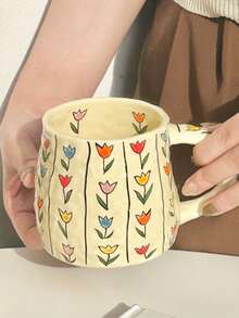 1 件陶瓷花卉图案杯 - 380 毫升大容量法式拿铁/咖啡杯带边缘，适用于餐厅、客厅、咖啡馆和聚会 | 可重复使用且可用洗碗机清洗 | 非常适合茶、咖啡、牛奶、果汁 - 非常适合厨房、餐厅、客厅、婚礼、派对、礼物、生日、圣诞节、餐厅必需品 | 装饰性饮具