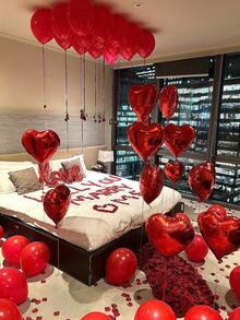 55 pièces/Set Ensemble de ballons en forme de cœur pour la Saint-Valentin - Pétales artificiels rouges + Ballon en feuille d'aluminium rouge en forme de cœur de 18 pouces + Ballons en latex rouges de 10 pouces, Parfait pour la demande en mariage de la Saint-Valentin, la décoration romantique, la décoration d'anniversaire, la décoration de chambre d'hôtel, Veux-tu être ma Valentine - Multicolore - Voir 3