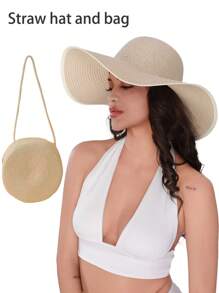 1pc Grass Edge Banding Women Solid Boho Straw Hat For Vacation Fashionable Women's Spring/Summer Beach Hat With Wide Brim, Sun Protection, And Personalized Woven Straw Hat For Travel And Vacation Bow