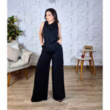 Conjunto Calça Pantalona e Blusa Com Decote Solto Elegante Social Esporte Fino Duna Bonito Versátil