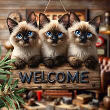 1 pezzo Targhetta con gatto Siamese in 2D piatto, decorazione da parete in legno 2D piatta, senza alimentazione elettrica, leggera e senza piume, perfetta per Natale e tema gatti domestici, decorazione per portico e giardino, aspetto artigianale, accessori per gatti
