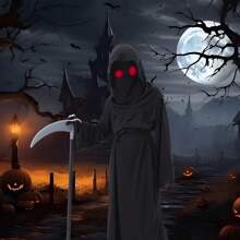 LOVE PARTY Halloween Horror Red Eye Grim Reaper Costume, Sickle Ghoul Dark Messenger Ghost Cosplay Outfit Set