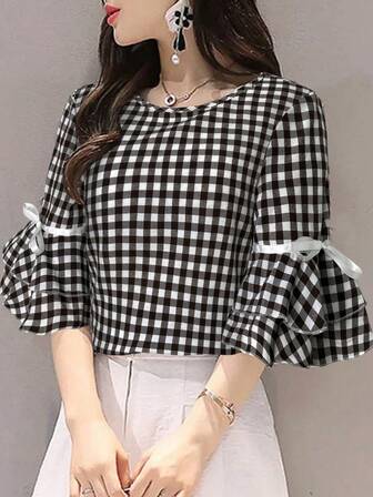 Women's Casual Plaid Print Bowknot Neck Short Sleeve T-Shirt