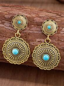 MONLOTTI Retro Cowgirl Western Totem Engraved Geometric Patchwork Vintage Golden Earrings, High Quality Boho Turquoise Jewelry For Women, Suitable For Daily, Festival, Party Wear, All-Occasion Outfit