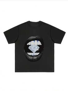 Glamorous And Luxury Inspired Men's T-Shirt With Diamond Mouth Graphic, 100% Cotton 220g - 黑色 - 查看 3