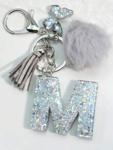 1 件首字母银色闪光钥匙扣，树脂滴蝴蝶吊坠，包/车装饰，男女通用礼物汽车配件包魅力学校可爱哥特 Y2k - 銀色 - 查看 9