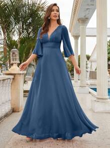 UNITHORSE Vestito da sera in chiffon con gonna ampia, vita incintata, maniche a 3/4, scollo a V e pieghe, di colore tinta unita
