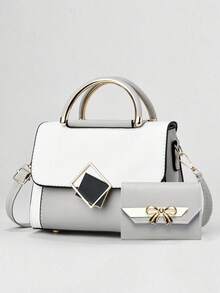 1 件/2 件时尚撞色 PU 手提包，优雅单肩包，甜美蝴蝶结钱包，适合女士，可调节肩带适合日常使用，手提、单肩、斜挎，用途广泛 - 彩色 - 查看 4