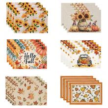 4/6 peças de caminho de mesa de Ação de Graças de outono, capa de mesa de poliéster reutilizável e lavável à máquina com abóbora, folha de bordo, girassol e design "Olá Outono" para decoração sazonal de jantar em casa