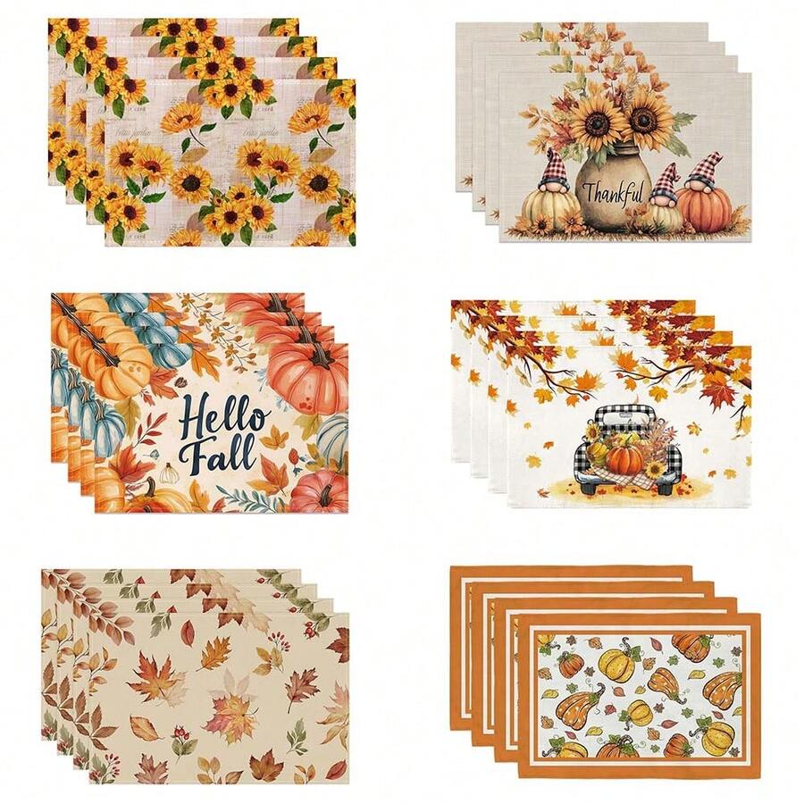 4/6 peças de caminho de mesa de Ação de Graças de outono, capa de mesa de poliéster reutilizável e lavável à máquina com abóbora, folha de bordo, girassol e design "Olá Outono" para decoração sazonal de jantar em casa