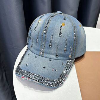 Ladies' Denim Baseball Cap, Teardrop-Shaped Diaminted Fashionable Hat, Comfortable And Good-Looking Hat To Wear When Traveling, Gift For Friends, Comfortable And Versatile Casual Baseball Cap For Daily Use
