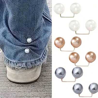 4pcs Denim Cuffed Leg Fixing Clips - Adjustable Jeans Foot Protectors With Metal Clasps, Pearl & Metallic Studs For Pants, Skirts, Jeans (Gray/White/Champagne), Skirt Hem Clip | Stylish Pants