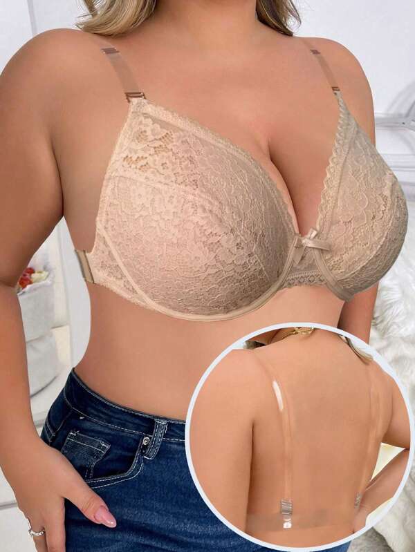 Plus Size Women Lace Transparent Strap Hidden Wire Push Up Backless Bra