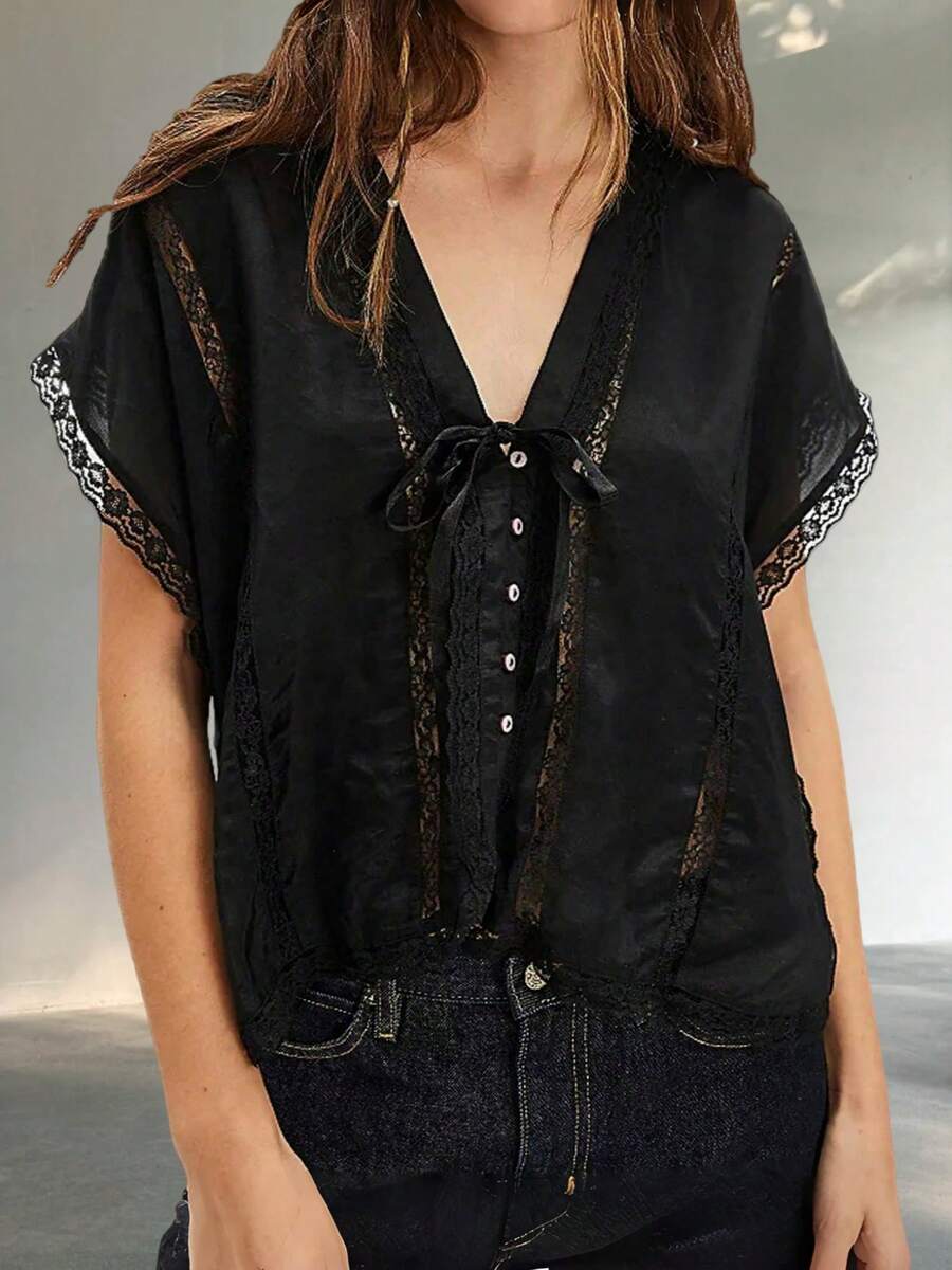 Women Satin Lace Patchwork Tie Front Shirt Top Y2k Short Sleeve V Neck Button Down T Shirts Tops Blouse Boho Flowy Peplum Vests Tank Tops Summer Going Out Tops Aesthetic Clothes Beach Vacation Wear - 黑色 - 查看 1