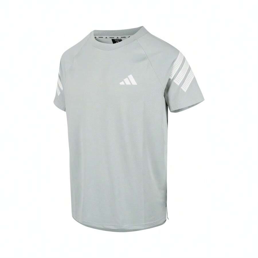 Adidas 男式 GYM+ 3S 短袖 T 恤，针织圆领 TEE TJW9662 - 灰色 - 查看 1