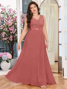 大码深V领亮片花卉蕾丝雪纺无袖正式派对连衣裙 夏季优雅 - 藕粉色 - 查看 5