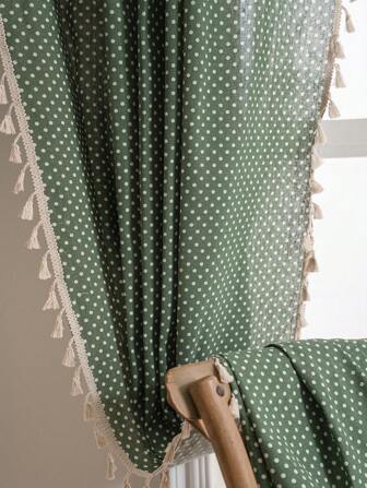 Tokoto 1 件绿色格子印花窗帘，简约清新风格，配米色流苏，适用于儿童房、餐厅、卧室、酒店、节日派对、波西米亚风格装饰