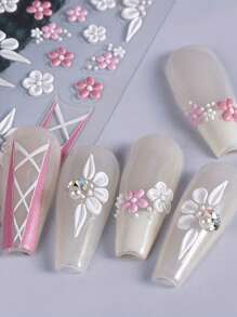 2 Pieces Of Spring And Summer Valentine's Day Pink Love Flower Bow Nail Art Stickers - Pink, White French Sweet Love, Flower And Bow Art Design, 5d Relief Craft, Suitable For Women's Disposable Self-Adhesive Back Adhesive Nail Stickers, Summer Valentine's Day Sweet Style Heart Flower Theme Style, Easy To Stick Nail Decoration Stickers