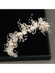 1pc Bridal Hairband, Faux Pearl Flower Bun Headband With Crystal Decor Wedding Hair Accessory Royal Tiaras Valentine's Day Accessories - White - View 4