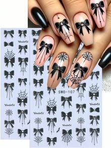5D 万圣节蝴蝶结蜘蛛网指甲贴纸 2 件黑白蝙蝠蜘蛛网秋冬节日设计 DIY Y2K 自粘凝胶抛光贴花滑块沙龙美甲装饰配件美甲用品