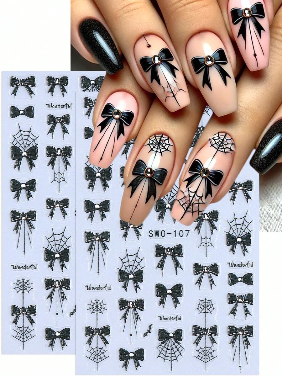 5D 万圣节蝴蝶结蜘蛛网指甲贴纸 2 件黑白蝙蝠蜘蛛网秋冬节日设计 DIY Y2K 自粘凝胶抛光贴花滑块沙龙美甲装饰配件美甲用品