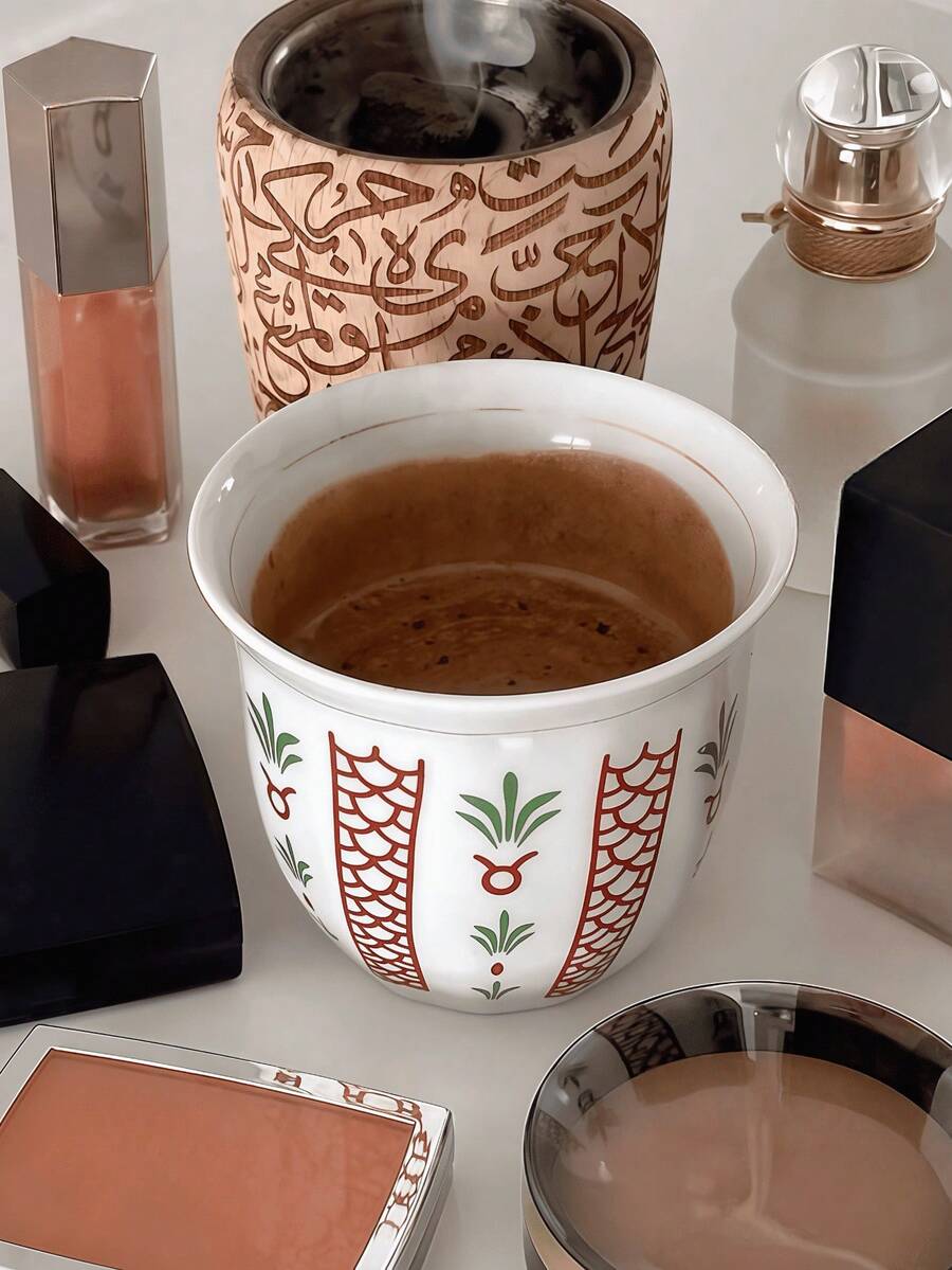 180/250毫升阿拉伯风格陶瓷咖啡杯套装，陶瓷拉花马克杯，棕榈树/郁金香图案，色彩缤纷的简约设计，光滑杯口手持茶杯，适合居家/咖啡馆/春季聚会，节日礼物，1个装，沙特阿拉伯国庆日礼物