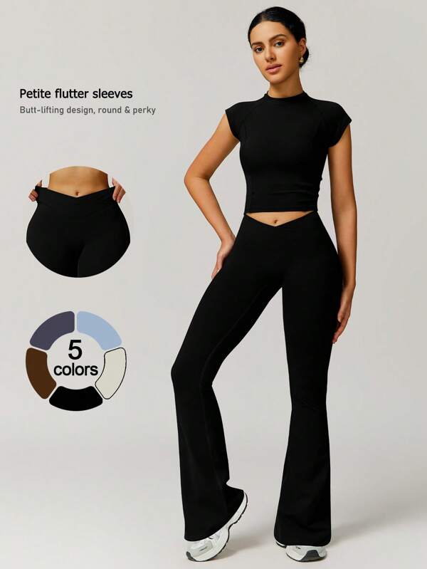 NcmRyu Women Solid Color Seamless Stretchy Short Sleeve & Long Pant Workout Set, Spring/Summer
