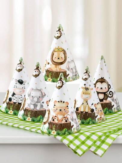 6 piezas, Sombreros de papel temáticos de animales de la jungla para fiesta de bebé, Sombreros decorativos con lindo diseño de animales de la jungla para fiestas de primer cumpleaños, Accesorios para fiesta de revelación de género, Regalo de primer cumpleaños, Decoración de cumpleaños con diseño de animales de la jungla, Accesorios de fotografía para fiesta de baby shower, Regalo de baby shower, Decoración para revelación de género, Diseño popular de león y tigre que es muy apreciado