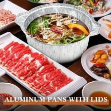 5/12/24pcs 1000ml/2500ml Disposable Aluminum Pot With Lid, Round Foil Plate, Disposable Cookware, Vacation Food Container, Camping Baking Heating Cooking Tool, Suitable For Kitchen, Outdoor, Travel, Vacation, Convenient Disposable Food Heating Container