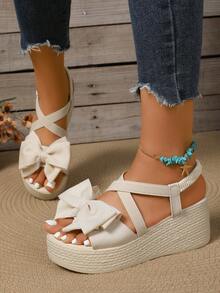Women's Summer Sweet Elegant Bow Decor Cross Strap Slip-On Platform Sandals, Comfortable Polyurethane Sole, Suitable For Dresses, Pants, Casual, Vacation, Commuting - Beige - View 3