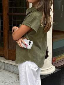 Solid Color Pocket Button Shoulder Sleeve Turndown Collar Shirt - Green - View 4