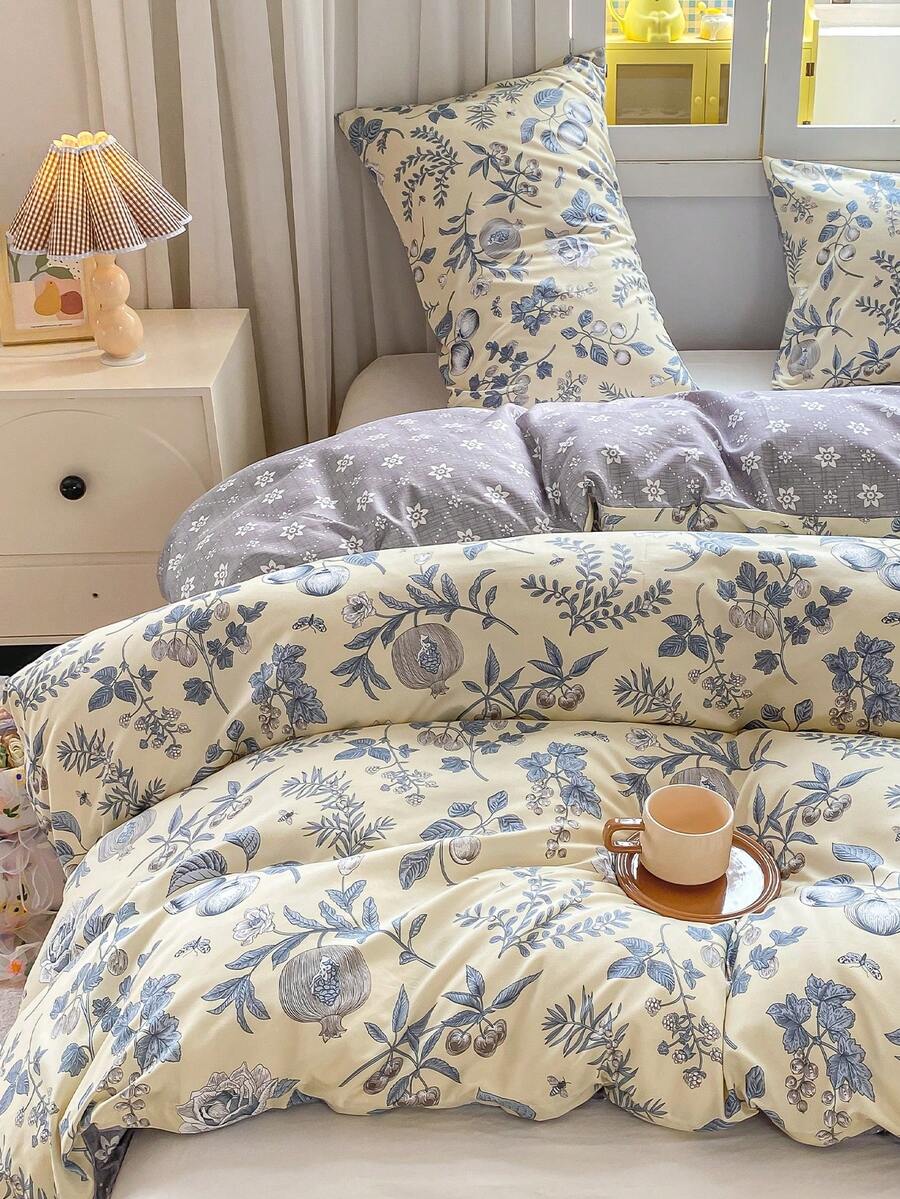 Bộ ga trải giường 3 món họa tiết hoa lá (1 ga trải giường và 2 vỏ gối), mềm mại và thân thiện với da, phù hợp cho mọi mùa, lý tưởng cho sử dụng trong gia đình. - Nhiều màu - Xem 1