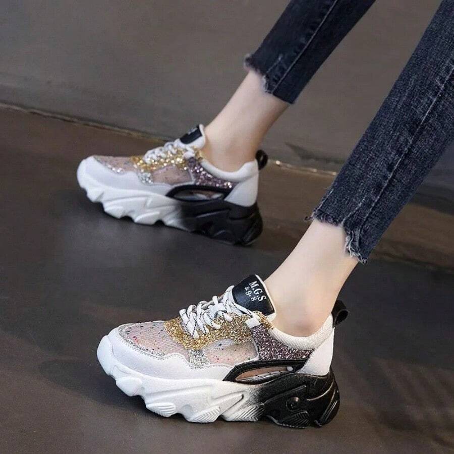 Women's Chunky Mesh Sneakers – Breathable Platform Dad Shoes - Black - View 1
