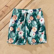 PP Family Matching Plant Print Ruffle Trim Spliced One-Piece Swimsuit Or Swim Trunks - màu xanh lá - Xem 4