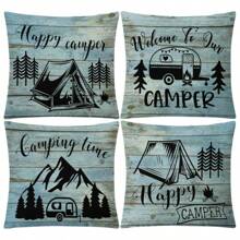 4pcs Outdoor Camping Linen Printed Square Pillow Case, Without Pillow Insert, Suitable For Living Room, Bedroom Decor, Sofa & Car Cushion Cover, Applicable For All Seasons