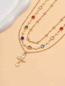 3 Piece Set Summer Elegant Colored Glass Rhinestone Handmade Chain Necklace With Cross Pendant, Fashion Layered Necklace For Women, Suitable For Daily Wear, Dating And Photography, The Colored Glass Rhinestones Are In Random Order And The Chain Length Is Customized - Multicolor - View 4