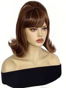 Ultimate Retro Chic 14-Inch Black Wig With Bangs | Heat-Resistant Synthetic Hair For Themed Parties And Halloween