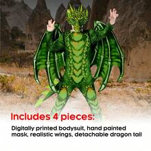 Morph Costumes Unleash Adventure With Our Kids Dragon Costume Set - Complete Fancy Dress With Jumpsuit, Mask & Wings For Halloween Fun - Green - View 3