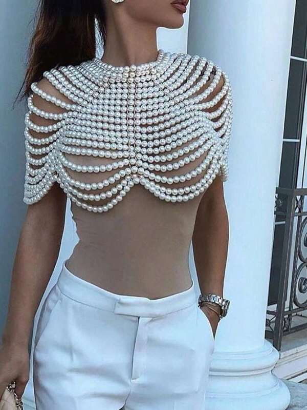 1pc Elegant Handmade Faux Pearl Woven Body Chain