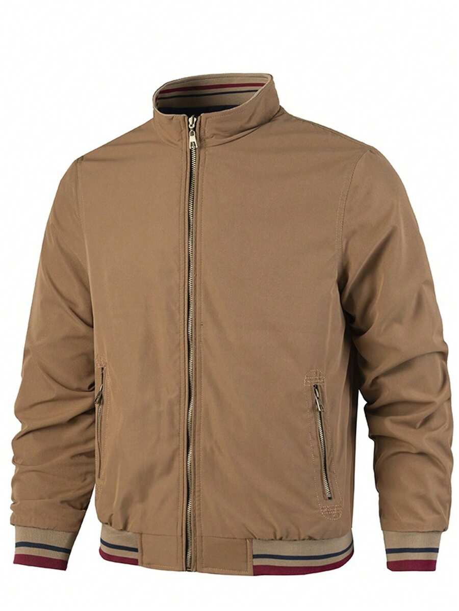 Men's Simple Daily Long Sleeve Jacket, Lightweight Green Color Block Formal Jacket For Work, Gift For Friends, Husband, Boyfriend - Màu Khaki - Xem 1