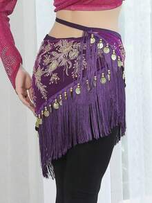 Cinturón de baile del vientre estilo árabe: Faja de cadera con bordados y flecos dorados, adornada con adornos con lentejuelas para actuaciones y fiestas de carnaval - Multicolor - Ver 3