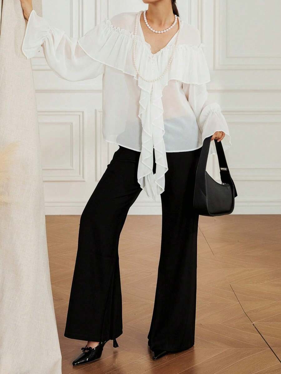 Women Long Sleeve Shirts Solid Color Ruffles V-Neck Chiffon Blouses Spring Loose Casual Tops Streetwear - Ivory - View 1