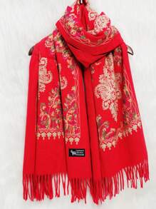 1 pièce Écharpe de femme en imitation cachemire brodée pour l'automne et l'hiver, épaissie et chaude, avec des glands, châle de voyage et cape style bohème brodé