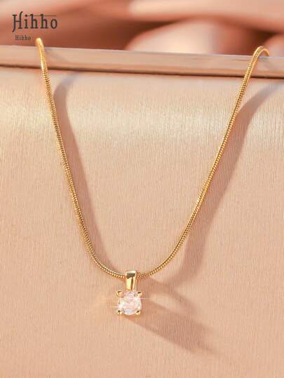 1 Pc Chic Cubic Zirconia & Snake-Bone Chain Necklace, Fashionable Pendant Clavicle Chain For Women