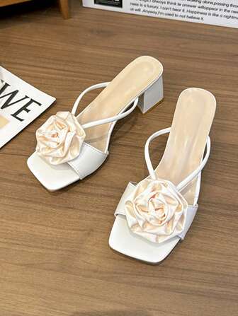 Women's Fashionable French Square Toe Pearl 3D Flower Chunky Heel Open Toe Sandals