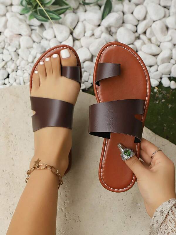 Women's Solid Color Decorated Slippers, Fashionable Summer Flat Sandals, Comfortable And Stylish, Ideal Casual Footwear